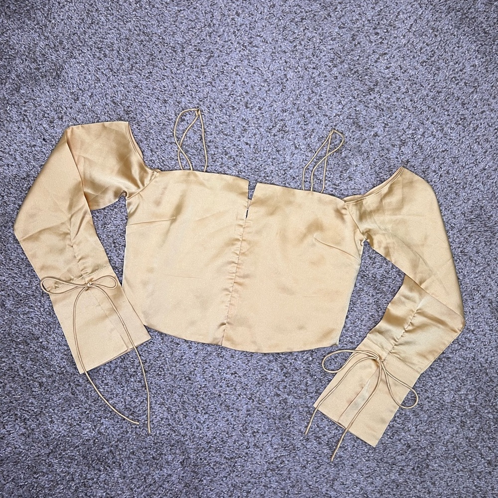 Stolen Hearts Gold Satin Corset Crop Top Tie Sleeve Y2K Party Top S